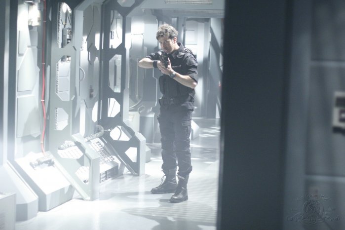 Lt. Colonel John Sheppard (Joe Flanigan) explores the Earth battlecruiser Daedalus, which seems to have been abandoned.
