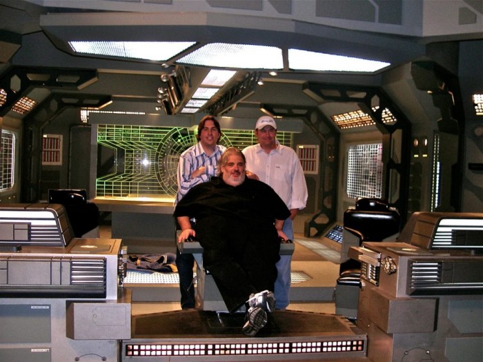 Neal Acree, Joel Goldsmith and Rick Chadock aboard the space ship set at Bridge Studios, Burnaby, British Columbia.

