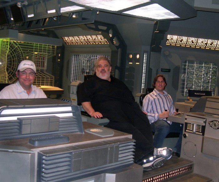 Rick Chadock, Joel Goldsmith and Neal Acree aboard the space ship set at Bridge Studios, Burnaby, British Columbia.
