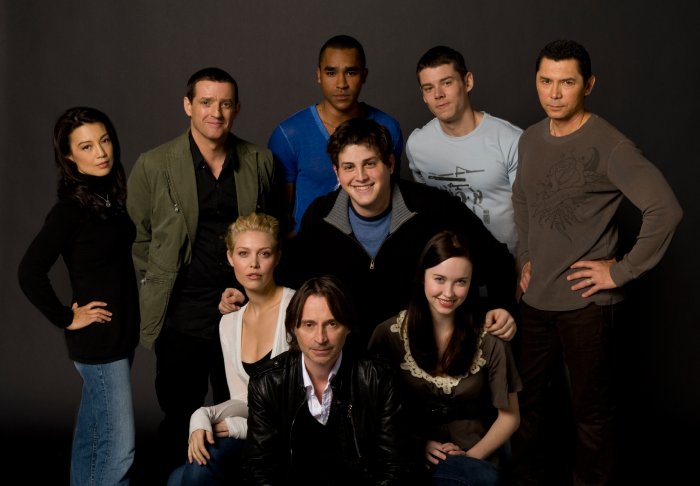 The cast of Stargate Universe (from top left): Ming-Na as Camille Wray; Justin Louis as Colonel Everett Young; Jamil Walker Smith as MSgt. Ronald Greer; Brian J. Smith as Lt. Matthew Scott; Lou Diamond Phillips as Colonel Telford; Alaina Huffman as MSgt. Tamara Johansen; David Blue as Eli Wallace; Elyse Levesque as Chloe Armstrong; and Robert Carlyle as Dr. Nicholas Rush.
Keywords: universe cast
