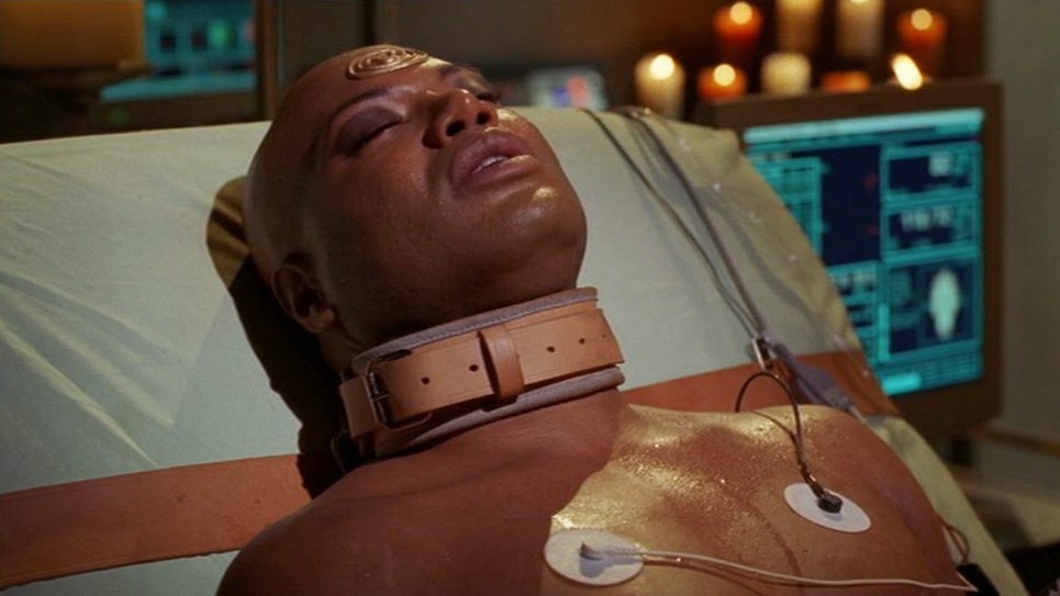 Teal'c strapped to a bed ("Threshold")