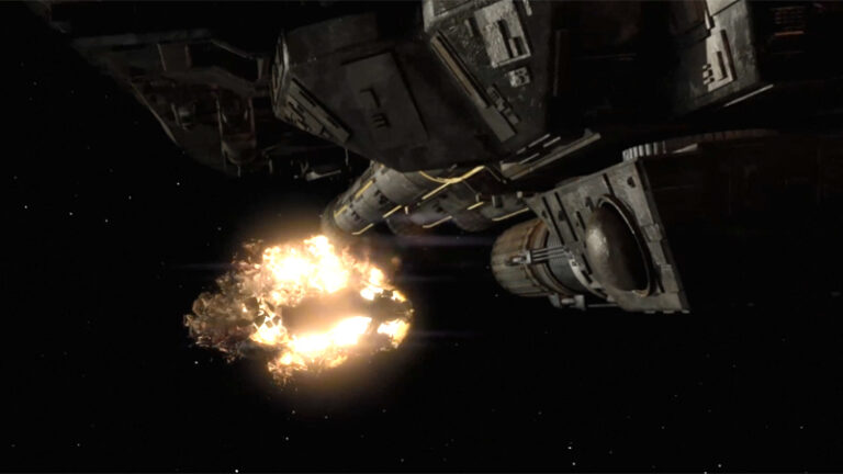 Destiny fires its main gun at a drone control ship ("Deliverance")