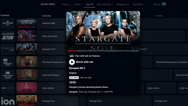 Amazon Freevee channel guide (Stargate SG-1)
