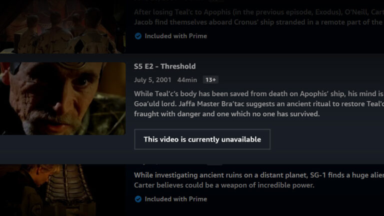 "Threshold" and "The Tomb" are currently unavailable on Prime Video